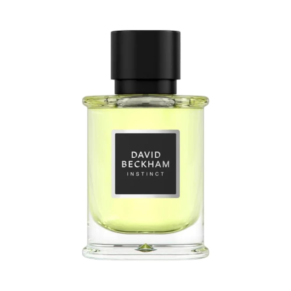 Frontal do frasco do perfume David Beckham Instinct Eau de Parfum 50ml, líquido amarelo claro, tampa preta fosca